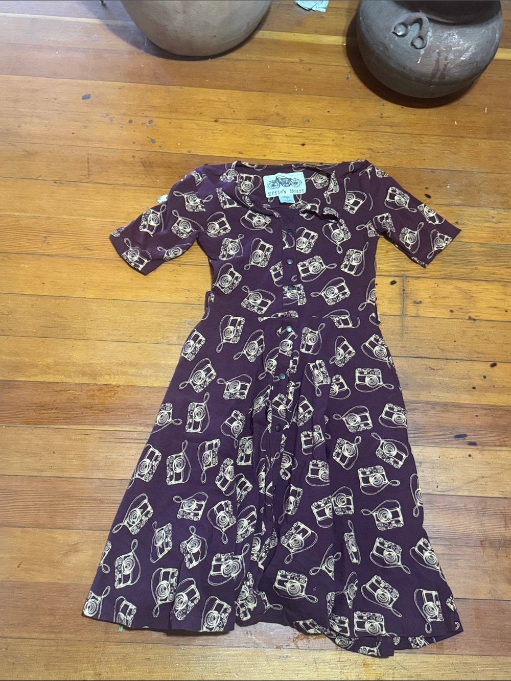 Effie's Heart Plum Camera-Print Button Front Dress